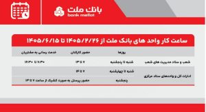 تغییر ساعت کار واحدهای بانک ملت از ۲۶ اردیبهشت